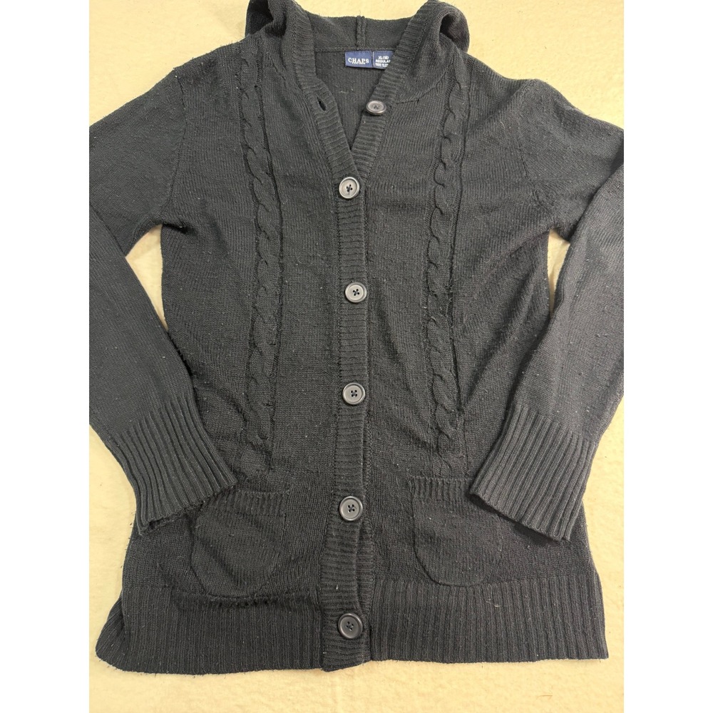 Chaps Black Cable Knit Hooded Cardigan Sweater Button Front XL 16